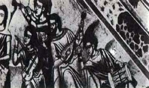 Tambouras sur une peinture murale du XVIIIe siècle (au centre), Monastère de Fanéroméni, Salamine 